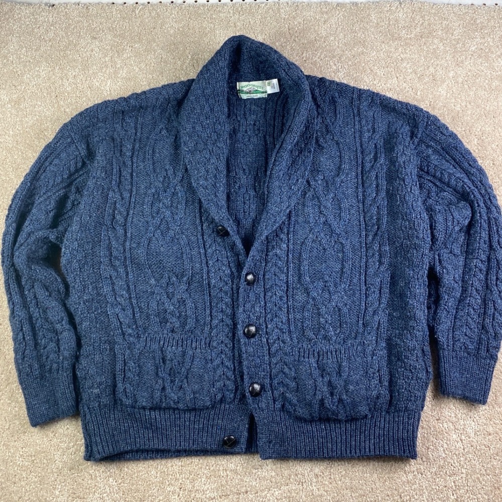 Aran Crafts Blue 100% Wool Cable Knit Shawl Collar Cardigan Sweater Mens XXL